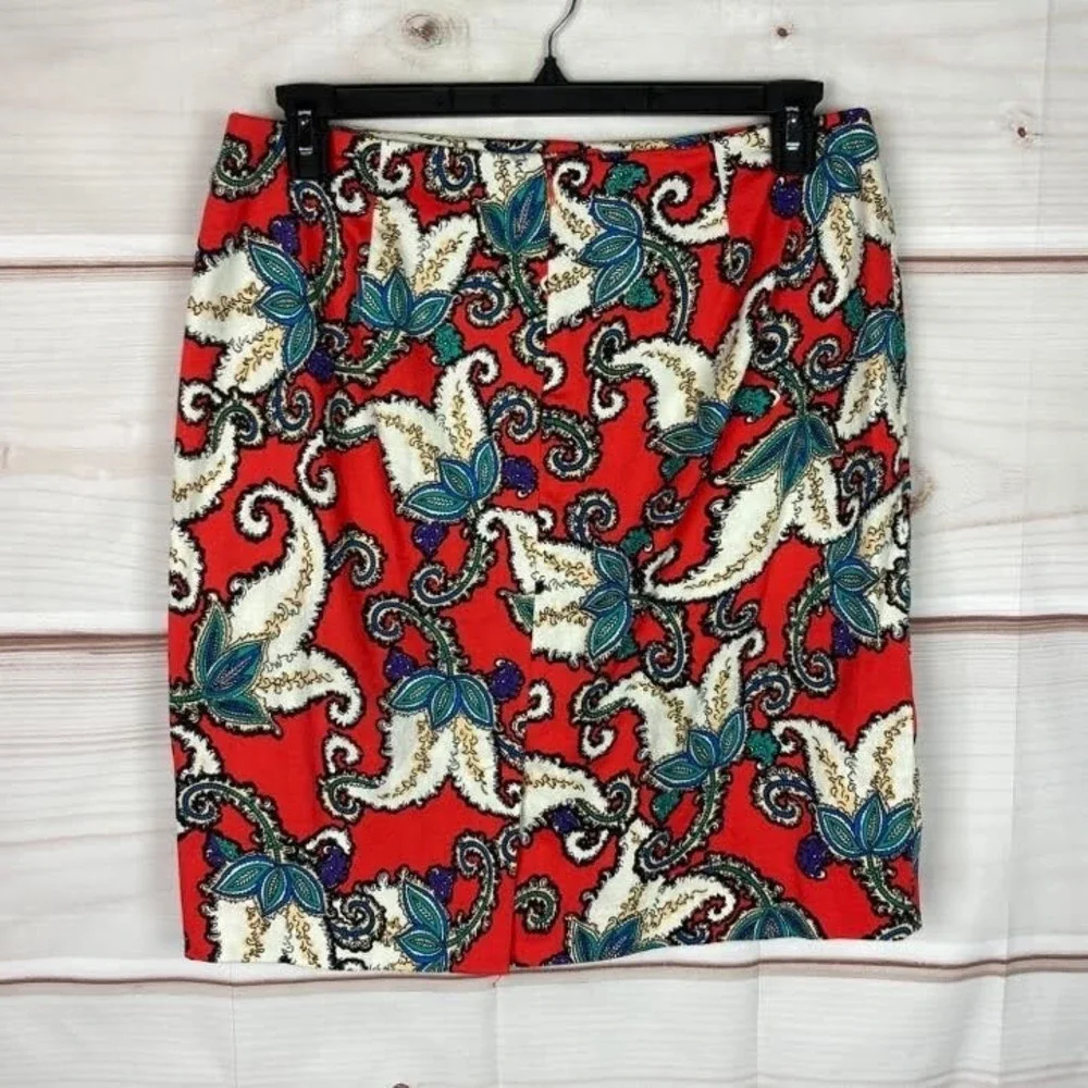 Premise Skirt Womens 12 Red Paisley Cotton Stretch Pencil Knee Length Colorful